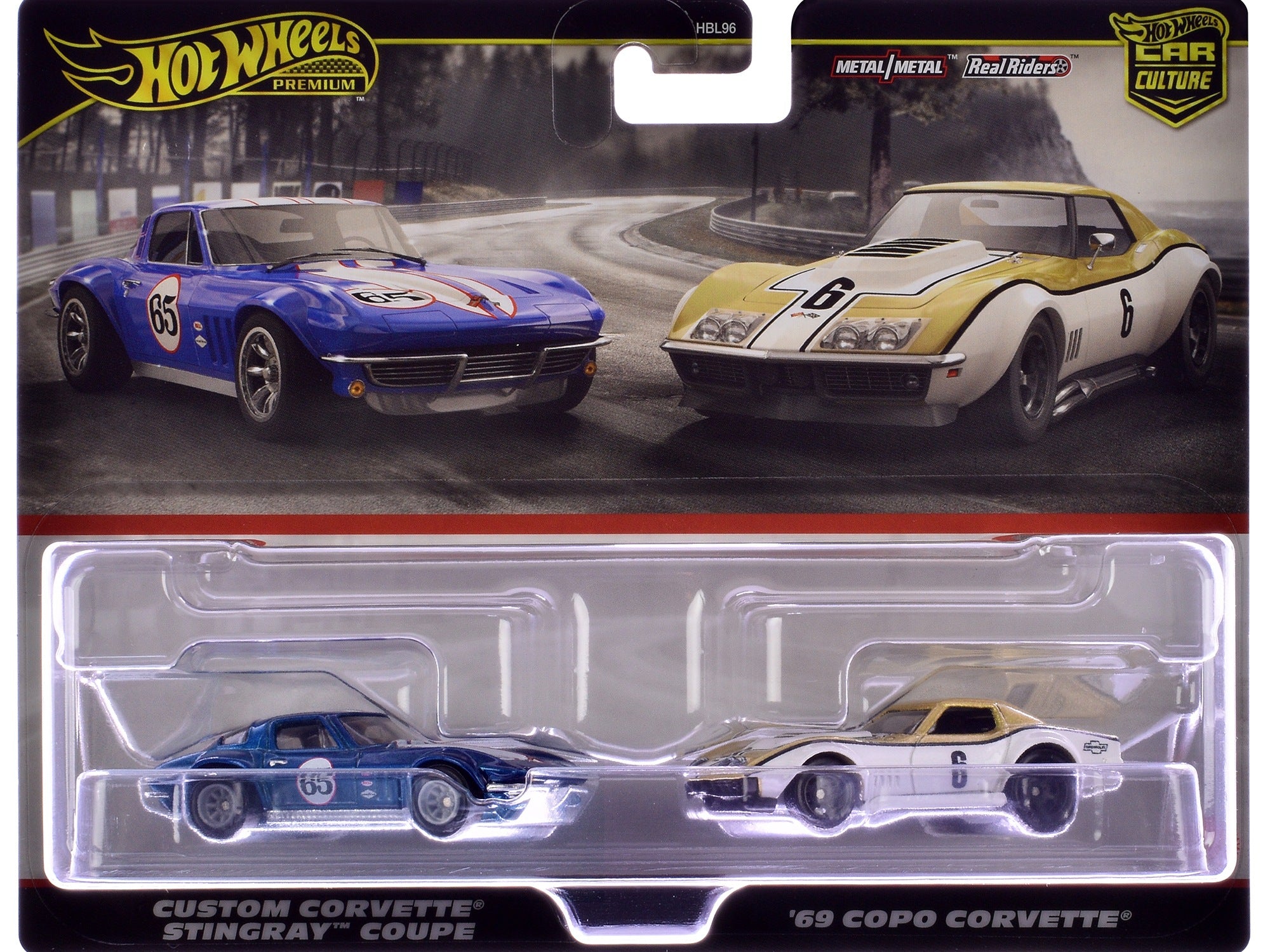 Chevrolet Custom Corvette Stingray Coupe #65 Blue Metallic with White Stripes and 1969 Chevrolet COPO Corvette #6 Gold Metallic and White "Car Culture" Set of 2 Cars Diecast Model Cars by Hot Wheels Hotwheels