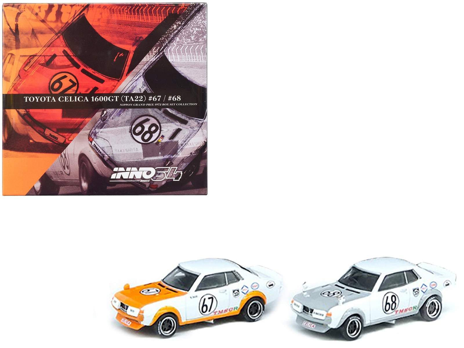 Toyota Celica 1600GT (TA22) #67 Nobuhide Tachi and Toyota Celica 1600GT (TA22) #68 Kenichi Takeshita RHD (Right Hand Drive) "Nippon Grand Prix" (1972) 2 piece Box Set Collection 1/64 Diecast Model Cars by Inno Models Inno Models