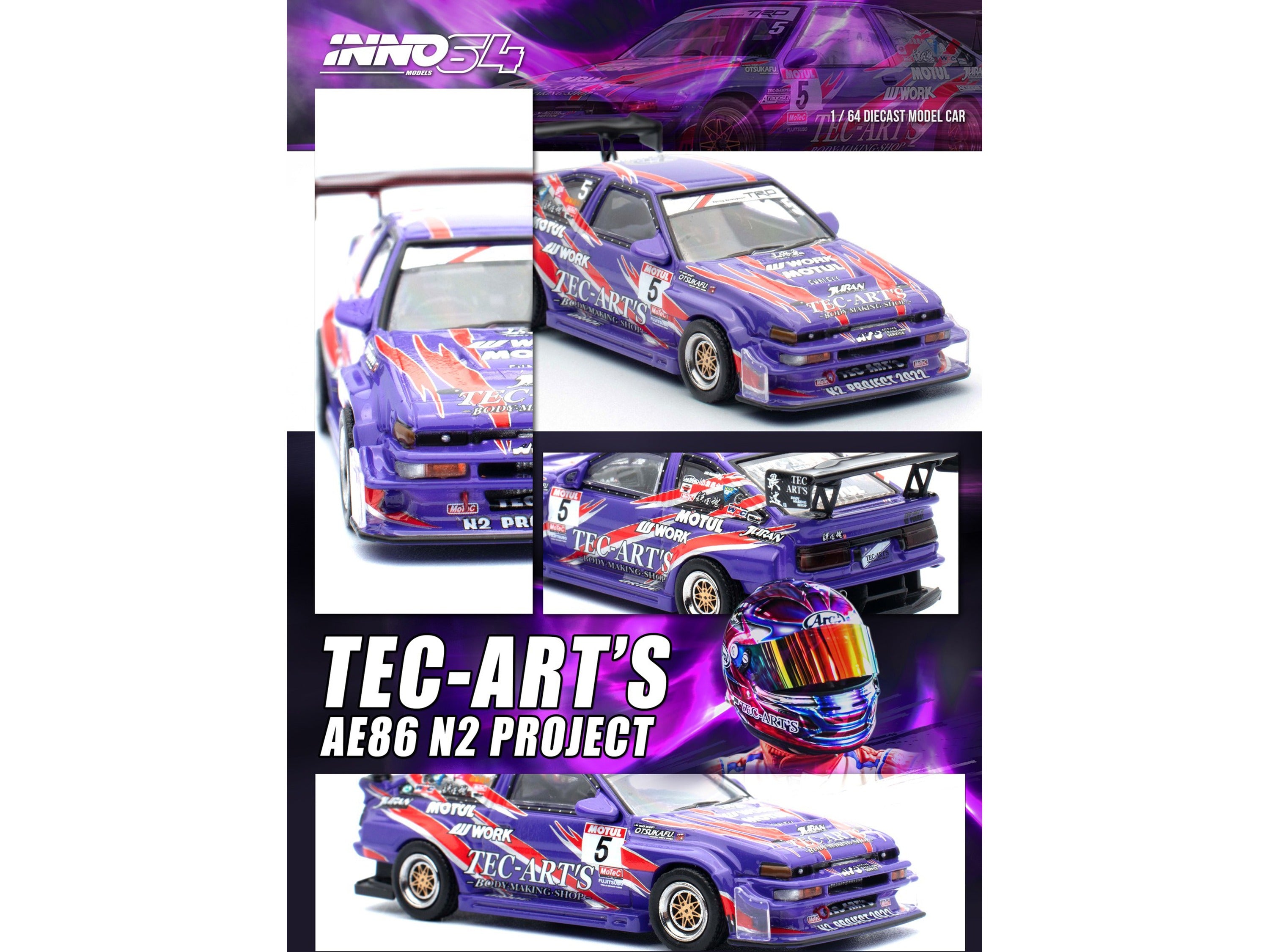 Toyota Sprinter Trueno (AE86) RHD (Right Hand Drive) #5 "N2 Project by TEC-ART's" Purple Metallic with Graphics 1/64 Diecast Model Car by Inno Models Inno Models