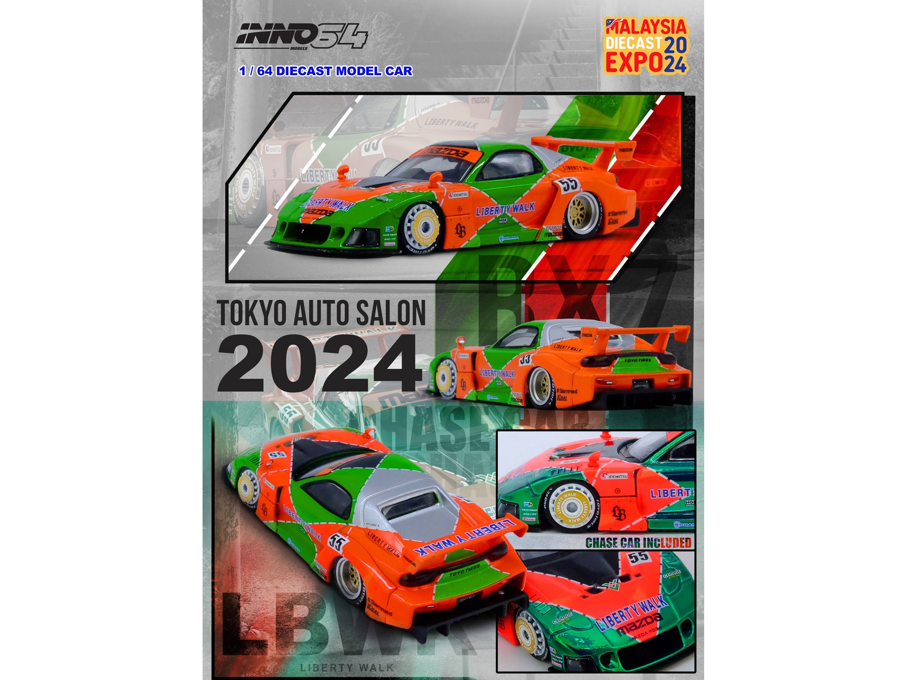 Mazda RX7 (FD3S) LB-Super-Silhouette RHD (Right Hand Drive) #55 Green and Orange with Graphics "Tokyo Auto Salon 2024 - Malaysia Diecast Expo 2024" 1/64 Diecast Model Car by Inno Models Inno Models