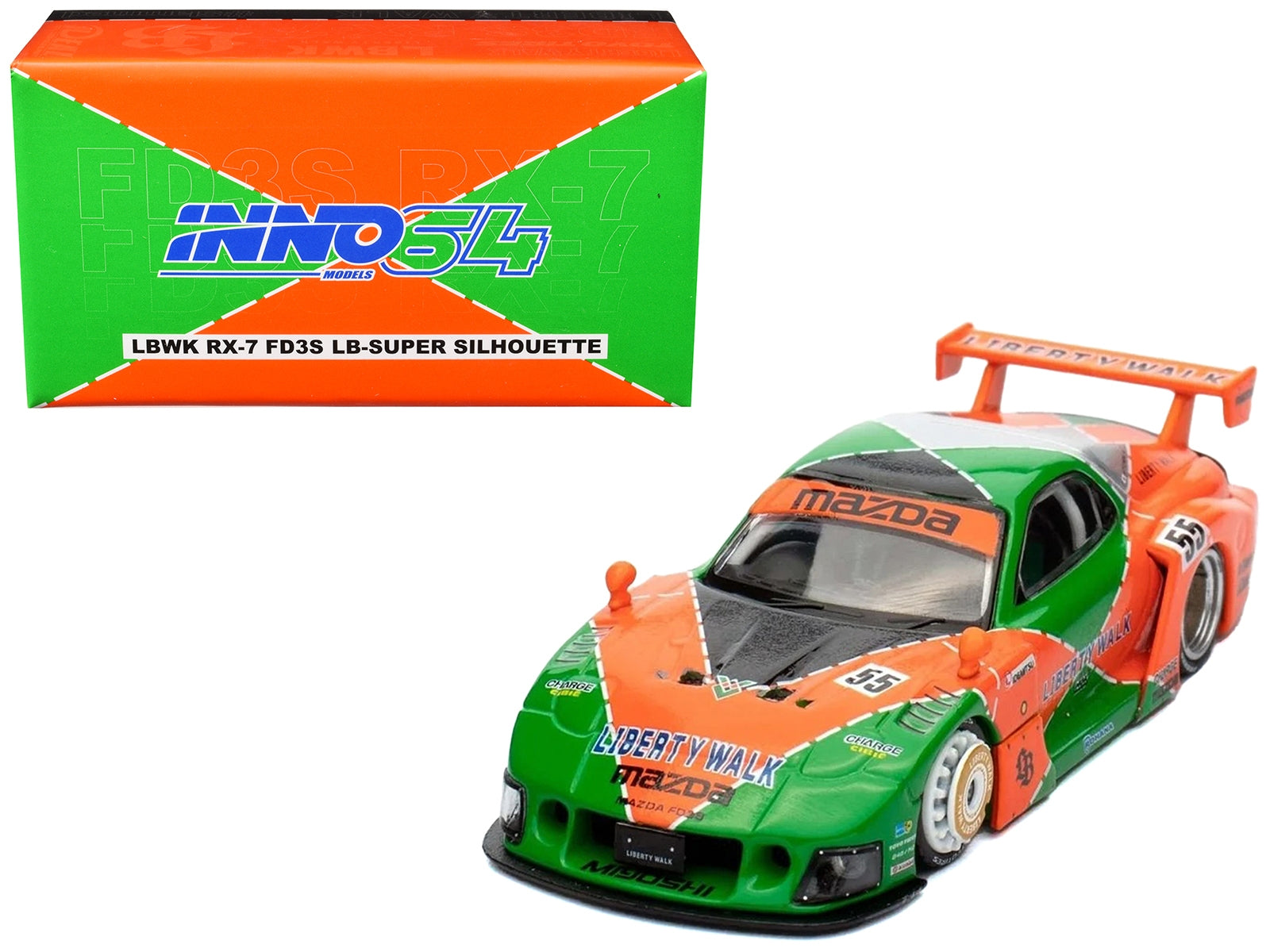 Mazda RX7 (FD3S) LB-Super-Silhouette RHD (Right Hand Drive) #55 Green and Orange with Graphics "Tokyo Auto Salon 2024 - Malaysia Diecast Expo 2024" 1/64 Diecast Model Car by Inno Models Inno Models