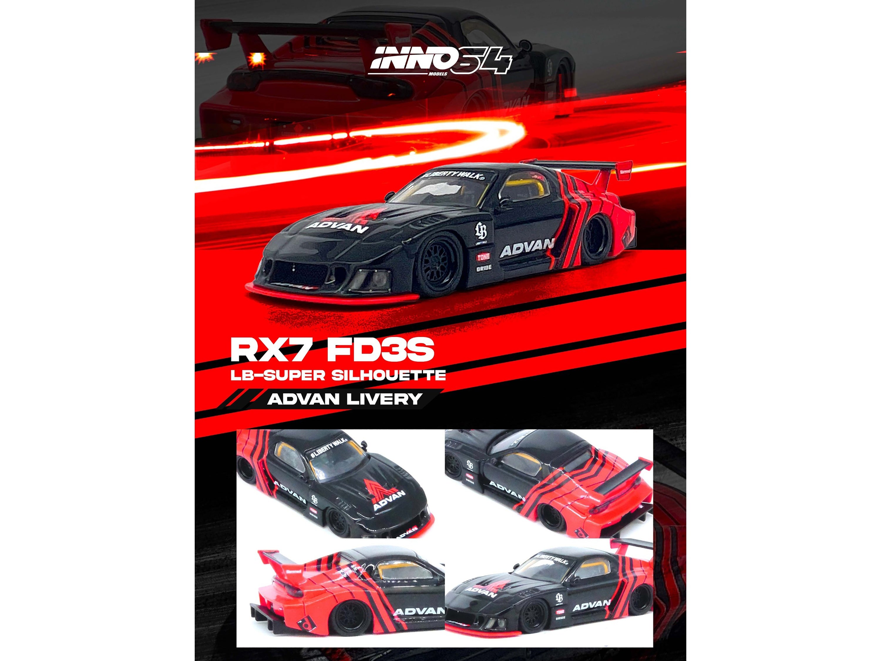 Mazda RX7 (FD3S) LB-Super-Silhouette RHD (Right Hand Drive) "Advan Livery" Red and Black 1/64 Diecast Model Car by Inno Models Inno Models