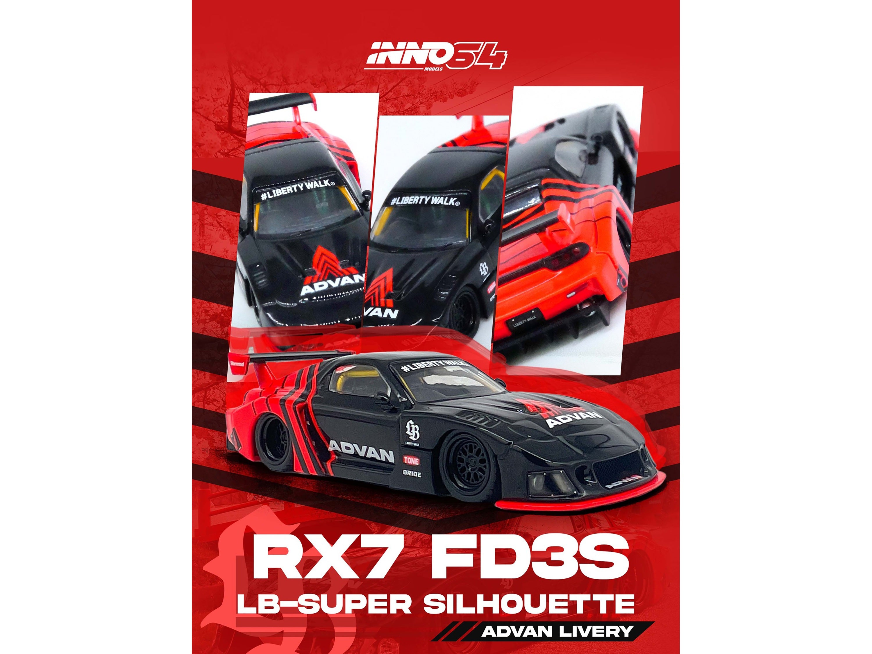 Mazda RX7 (FD3S) LB-Super-Silhouette RHD (Right Hand Drive) "Advan Livery" Red and Black 1/64 Diecast Model Car by Inno Models Inno Models