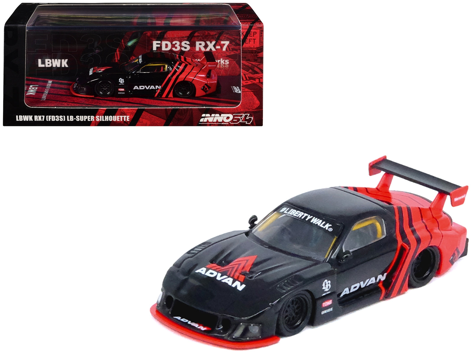 Mazda RX7 (FD3S) LB-Super-Silhouette RHD (Right Hand Drive) "Advan Livery" Red and Black 1/64 Diecast Model Car by Inno Models Inno Models