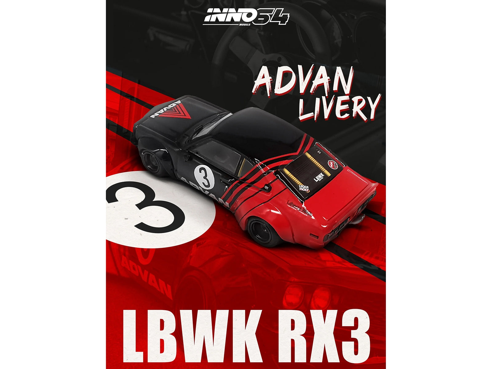 Mazda RX-3 Liberty Walk RHD (Right Hand Drive) #3 "ADVAN" Red and Black 1/64 Diecast Model Car by Inno Models Inno Models