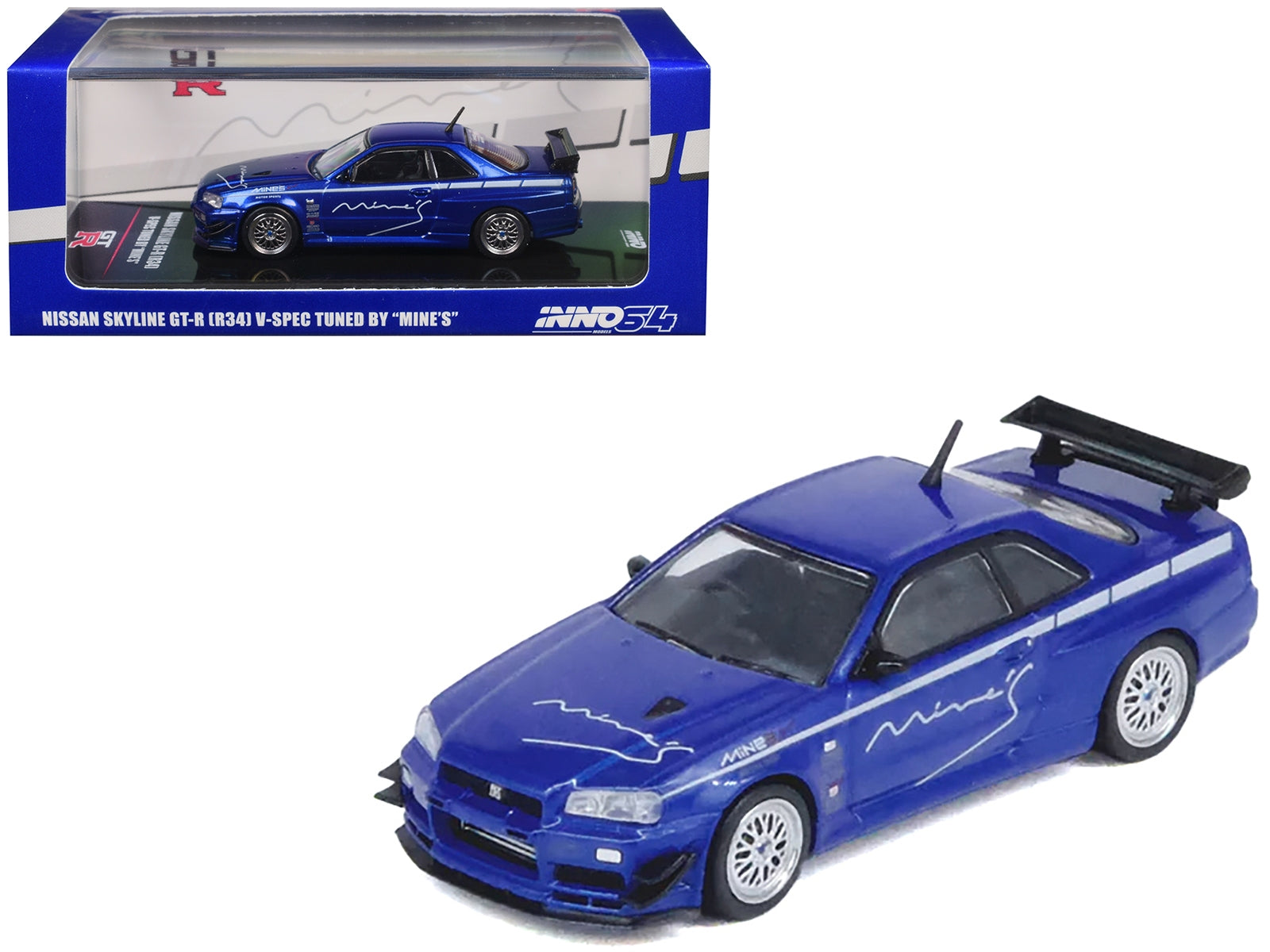 Nissan Skyline GT-R (R34) V-SPEC RHD (Right Hand Drive) "Tuned by Mine's" Blue Metallic 1/64 Diecast Model Car by Inno Models Inno Models