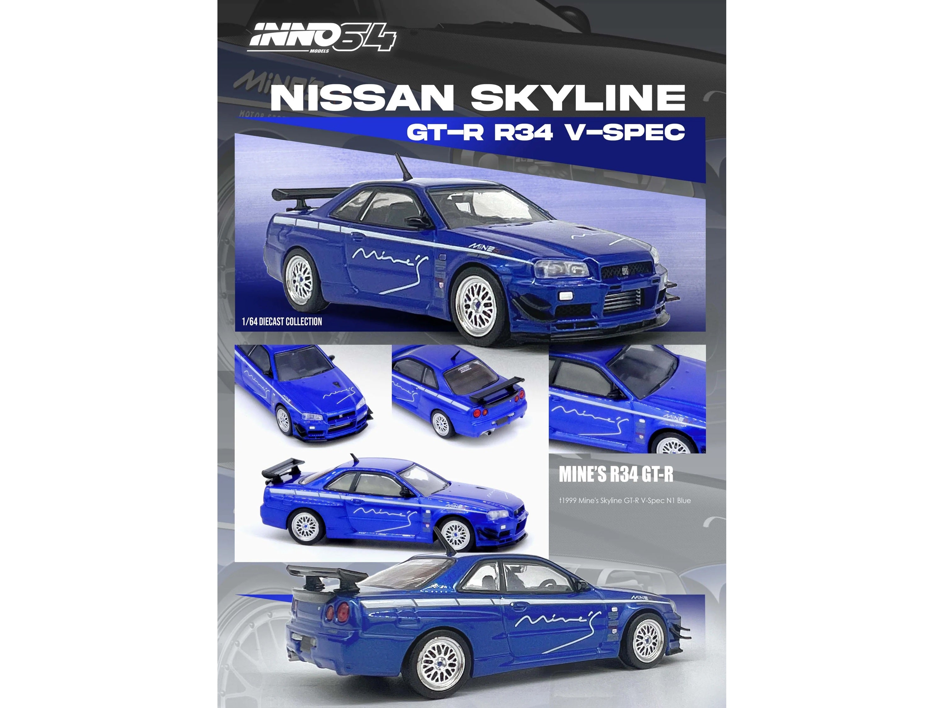 Nissan Skyline GT-R (R34) V-SPEC RHD (Right Hand Drive) "Tuned by Mine's" Blue Metallic 1/64 Diecast Model Car by Inno Models Inno Models