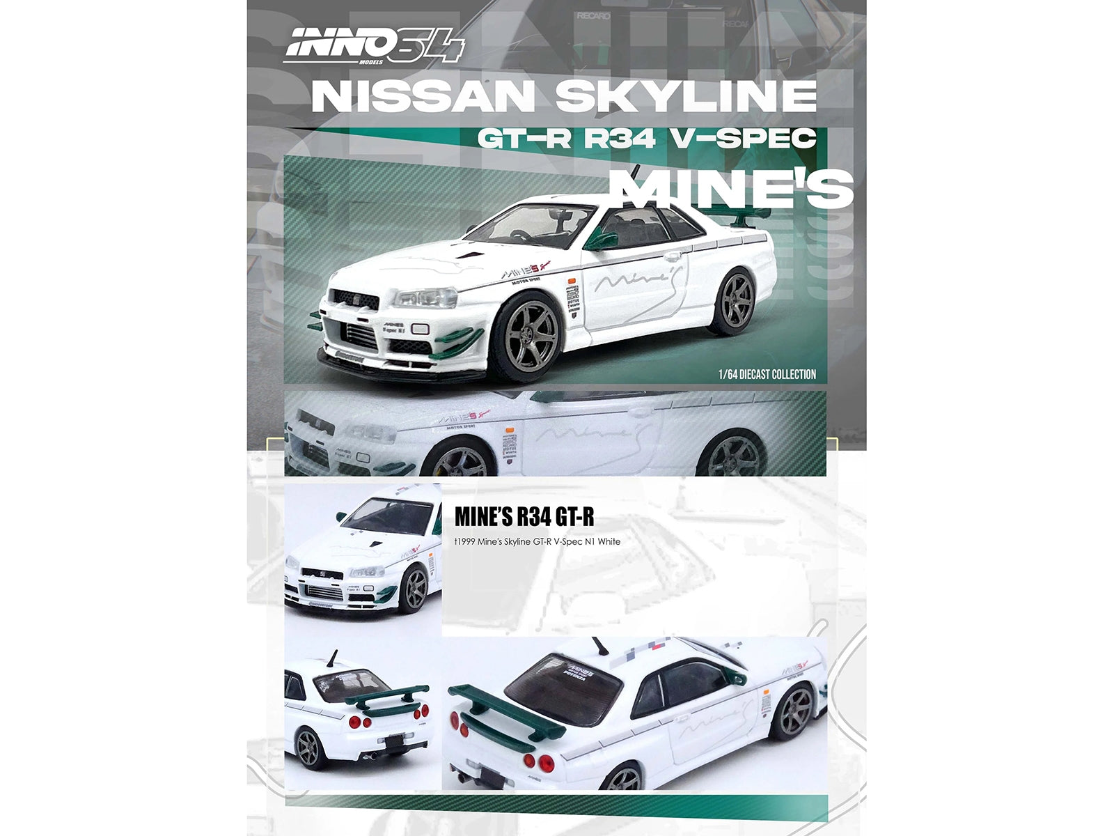 Nissan Skyline GT-R (R34) V-SPEC N1 RHD (Right Hand Drive) "Tuned by Mine's" White 1/64 Diecast Model Car by Inno Models Inno Models