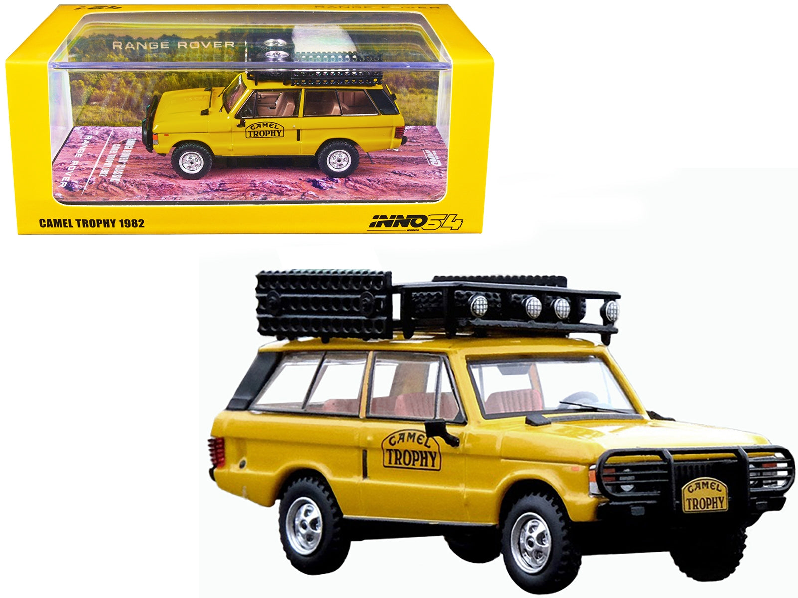 Land Rover Range Rover Classic "Camel Trophy 1982" Yellow with Roof Rack Tool Box and 4 Oil Container Accessories 1/64 Diecast Model Car by Inno Models Inno Models