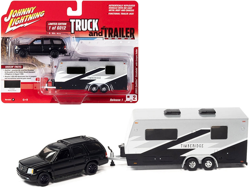 2005 Cadillac Escalade Matt Black with Camper Trailer Limited Edition to 6012 pieces Worldwide "Truck and Trailer" Series 1/64 Diecast Model Car by Johnny Lightning Johnny Lightning