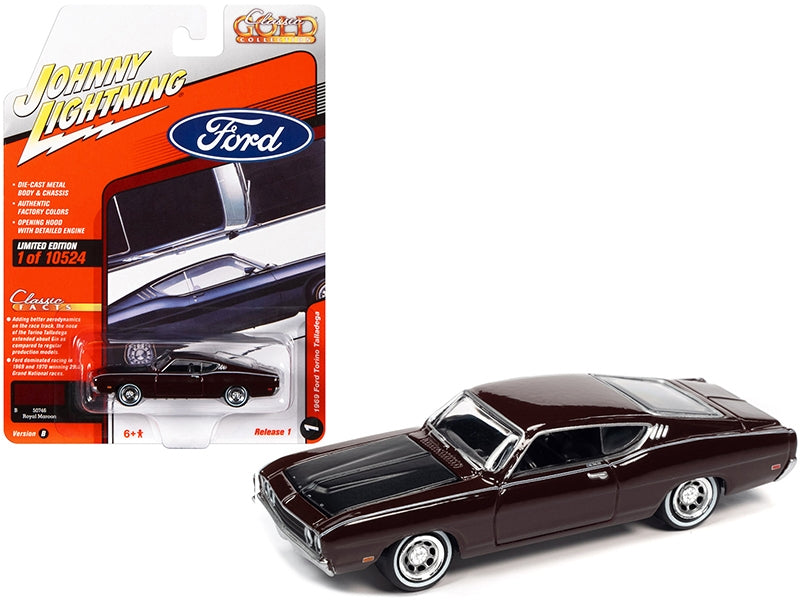 1969 Ford Torino Talladega Royal Maroon with Matt Black Hood "Classic Gold Collection" Series Limited Edition to 10524 pieces Worldwide 1/64 Diecast Model Car by Johnny Lightning Johnny Lightning