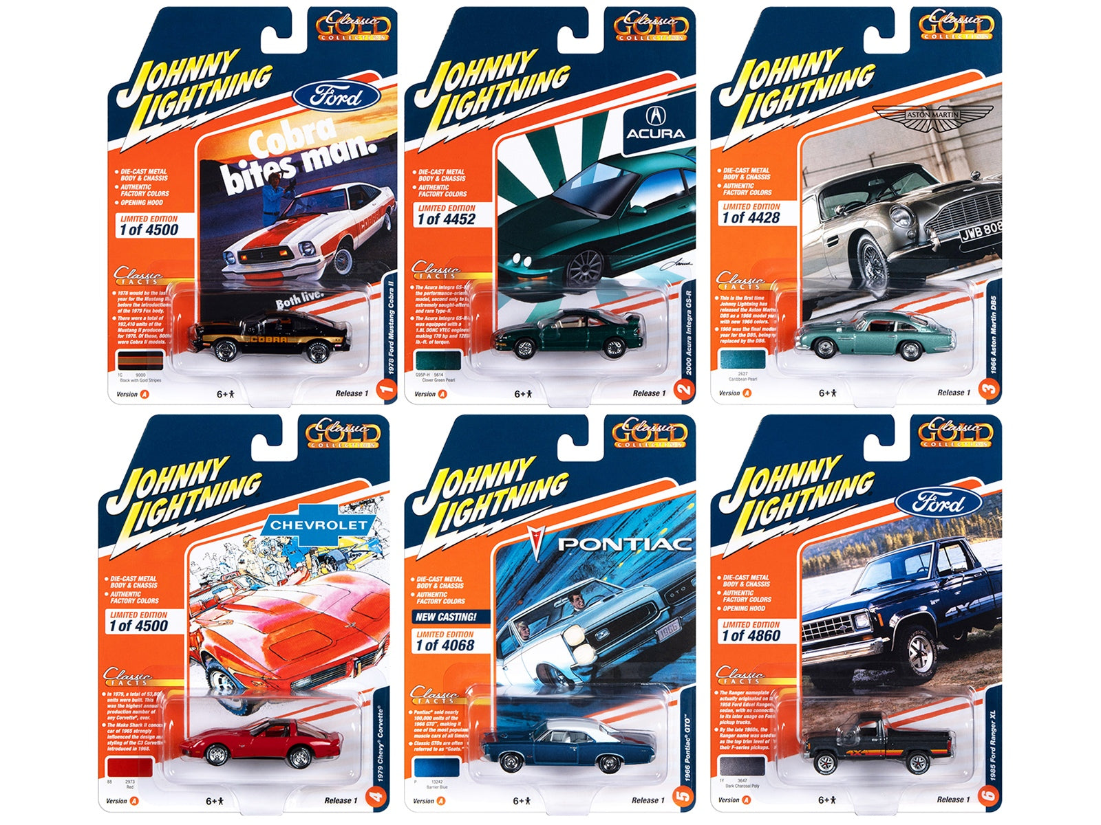 "Classic Gold Collection" 2023 Set A of 6 Cars Release 1 1/64 Diecast Model Cars by Johnny Lightning Johnny Lightning