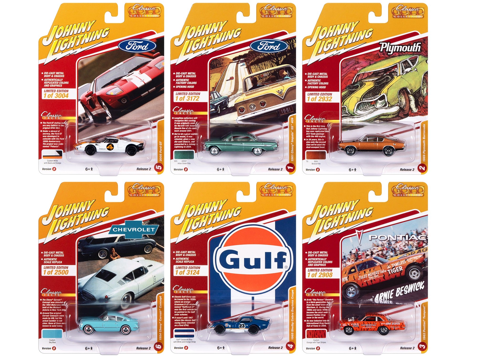 "Classic Gold Collection" 2023 Set B of 6 Cars Release 2 1/64 Diecast Model Cars by Johnny Lightning Johnny Lightning