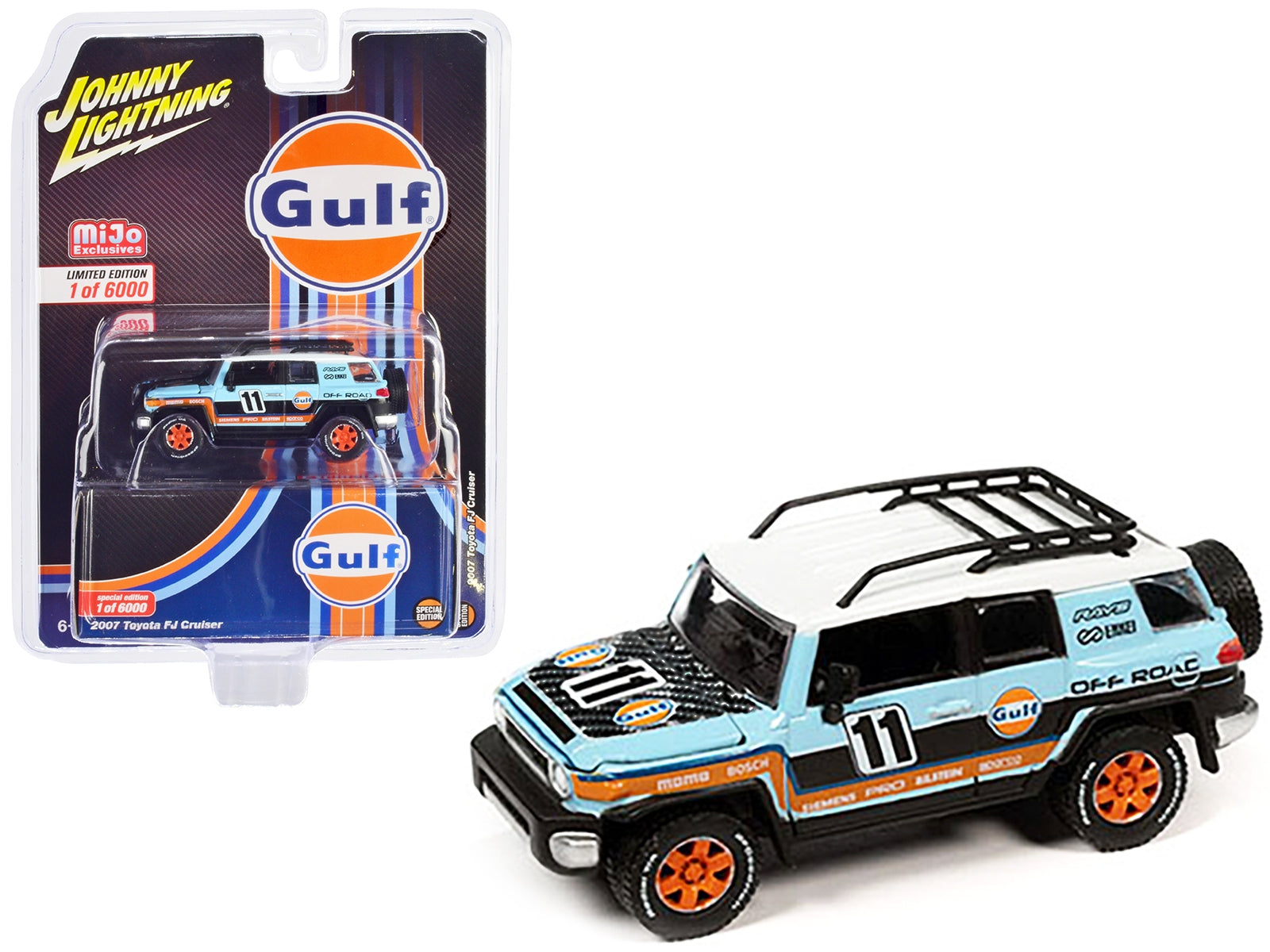 2007 Toyota FJ Cruiser #11 Light Blue "Gulf Oil" with Roofrack Limited Edition to 6000 pieces Worldwide 1/64 Diecast Model Car by Johnny Lightning Johnny Lightning