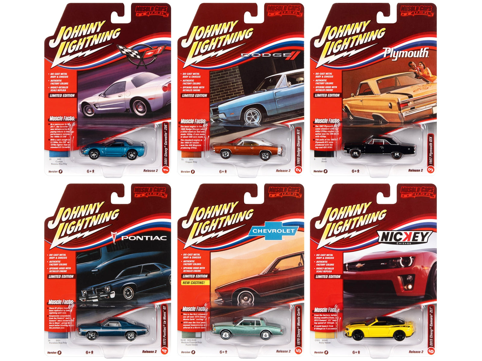 "Muscle Cars USA" 2022 Set B of 6 pieces Release 2 1/64 Diecast Model Cars by Johnny Lightning Johnny Lightning