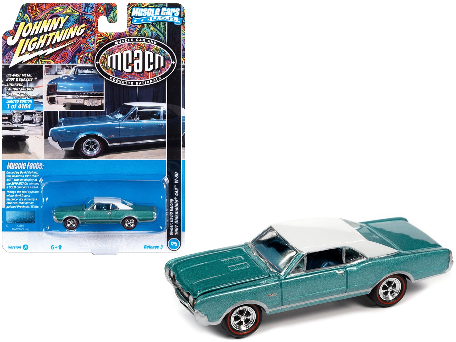 1967 Oldsmobile 442 W-30 Aquamarine Metallic with White Top "MCACN (Muscle Car and Corvette Nationals)" Limited Edition to 4164 pieces Worldwide "Muscle Cars USA" Series 1/64 Diecast Model Car by Johnny Lightning Johnny Lightning