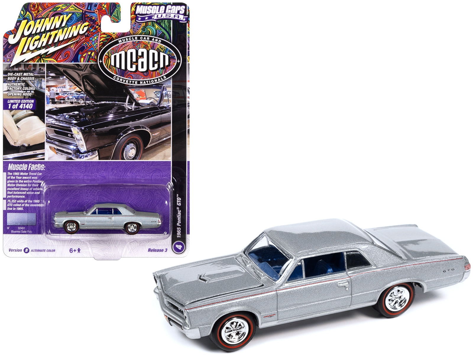 1965 Pontiac GTO Bluemist Slate Metallic with Red Stripes and Blue Interior "MCACN (Muscle Car and Corvette Nationals)" Limited Edition to 4140 pieces Worldwide "Muscle Cars USA" Series 1/64 Diecast Model Car by Johnny Lightning Johnny Lightning