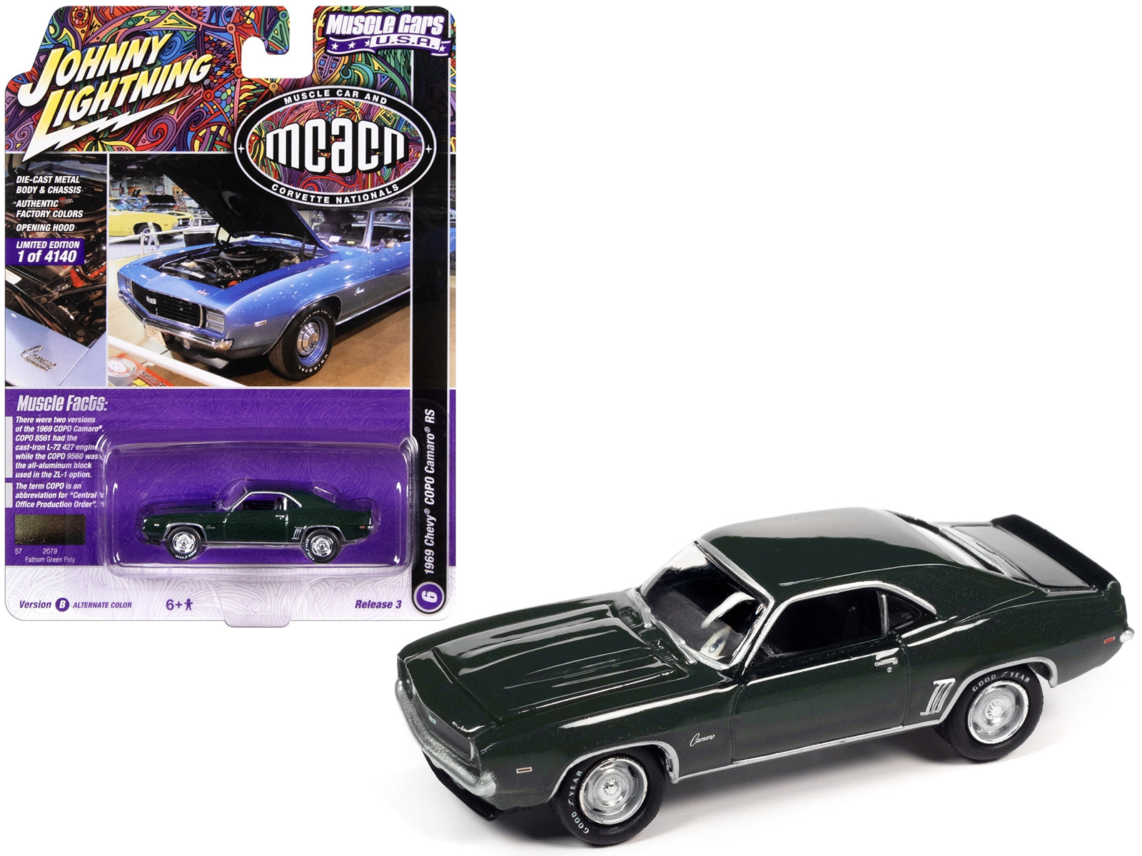 1969 Chevrolet COPO Camaro RS Fathom Green Metallic "MCACN (Muscle Car and Corvette Nationals)" Limited Edition to 4140 pieces Worldwide "Muscle Cars USA" Series 1/64 Diecast Model Car by Johnny Lightning Johnny Lightning