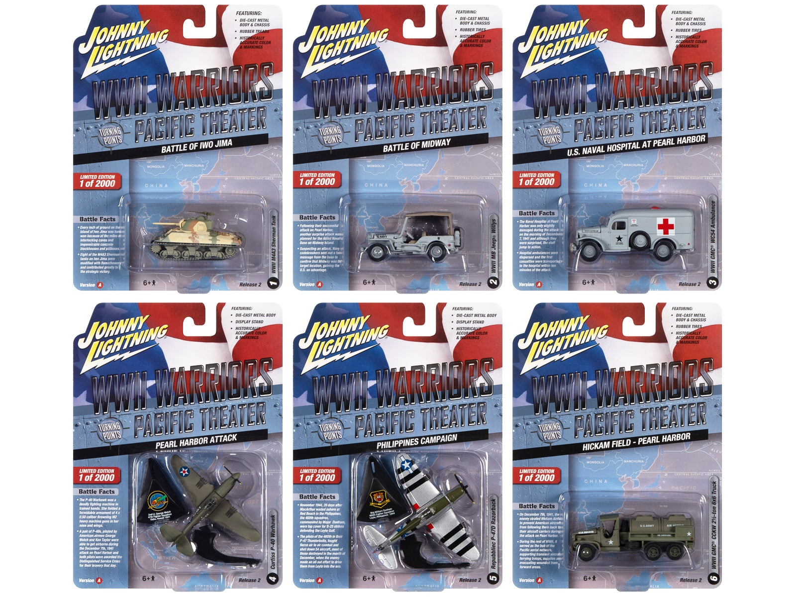 "WWII Warriors: Pacific Theater" Military 2022 Set A of 6 pieces Release 2 Limited Edition to 2000 pieces Worldwide Diecast Model Cars by Johnny Lightning Johnny Lightning