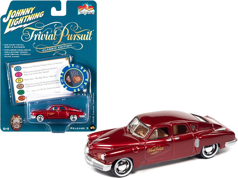 1948 Tucker Torpedo Red Maroon Metallic "Tucker: The Man and His Dream" (1988) Movie with Poker Chip (Collector Token) and Game Card "Trivial Pursuit" "Pop Culture" Series 3 1/64 Diecast Model Car by Johnny Lightning Johnny Lightning