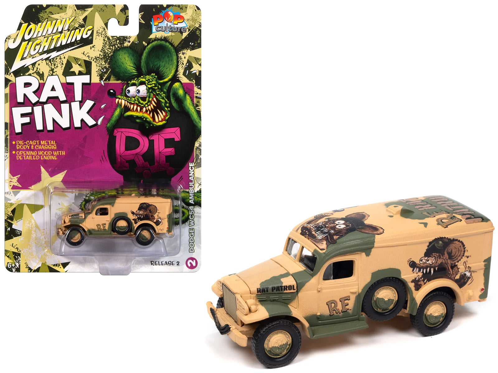 Dodge WC54 Ambulance Desert Camouflage "Rat Fink" "Pop Culture" 2024 Release 2 1/64 Diecast Model Car by Johnny Lightning Johnny Lightning