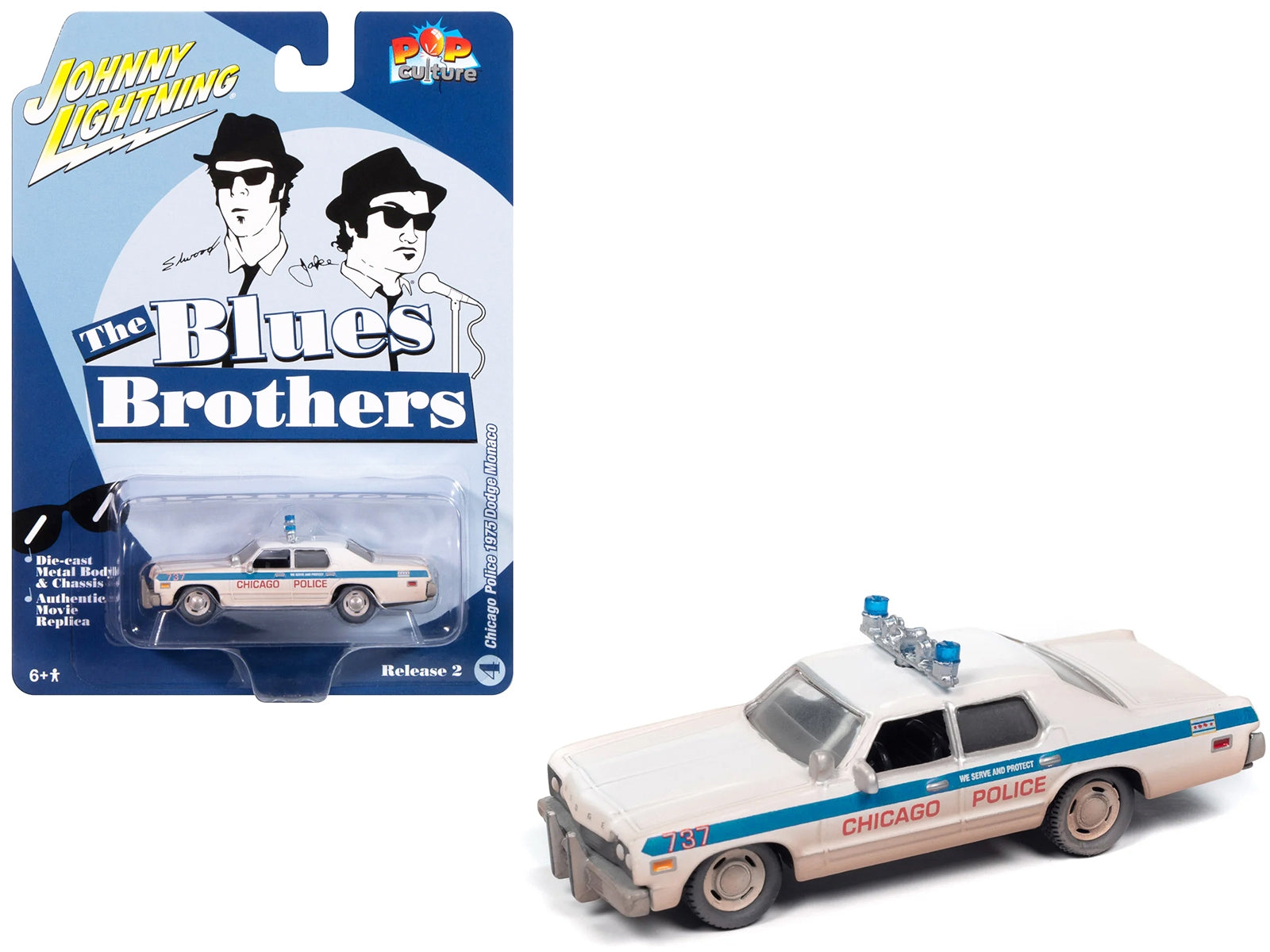 1975 Dodge Monaco "Chicago Police" White (Dirty Version) "Blues Brothers" (1980) Movie "Pop Culture" 2024 Release 2 1/64 Diecast Model Car by Johnny Lightning Johnny Lightning