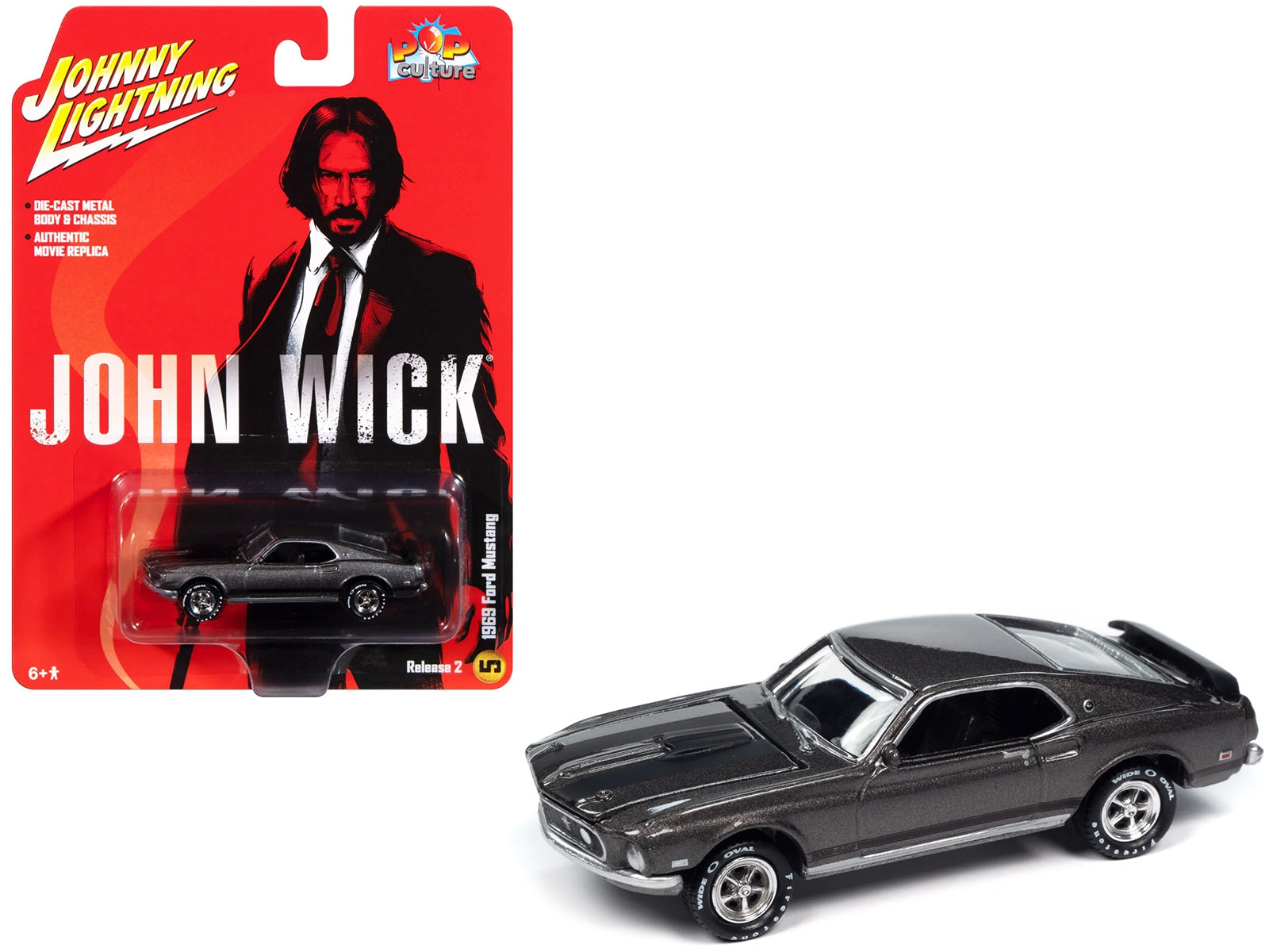 1969 Ford Mustang Mach I Gray Metallic with Black Stripes "John Wick" (2014) Movie "Pop Culture" 2024 Release 2 1/64 Diecast Model Car by Johnny Lightning Johnny Lightning