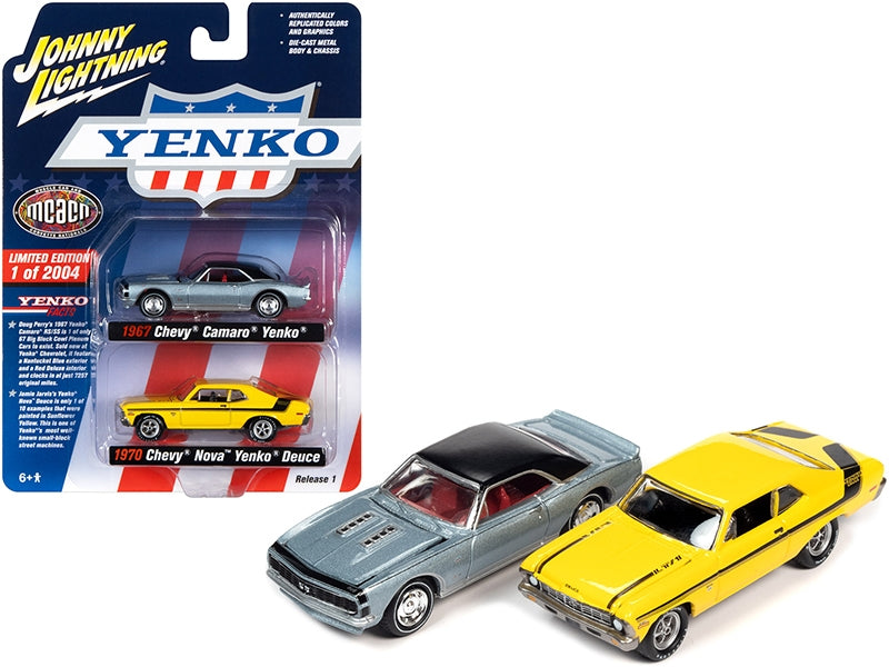 1967 Chevrolet Camaro Yenko Blue Metallic with Black Top and 1970 Chevrolet Nova Yenko Deuce Yellow MCACN (Muscle Car & Corvette Nationals) Set of 2 Cars Limited Edition to 2004 pieces Worldwide 1/64 Diecast Model Cars by Johnny Lightning Johnny Lightning