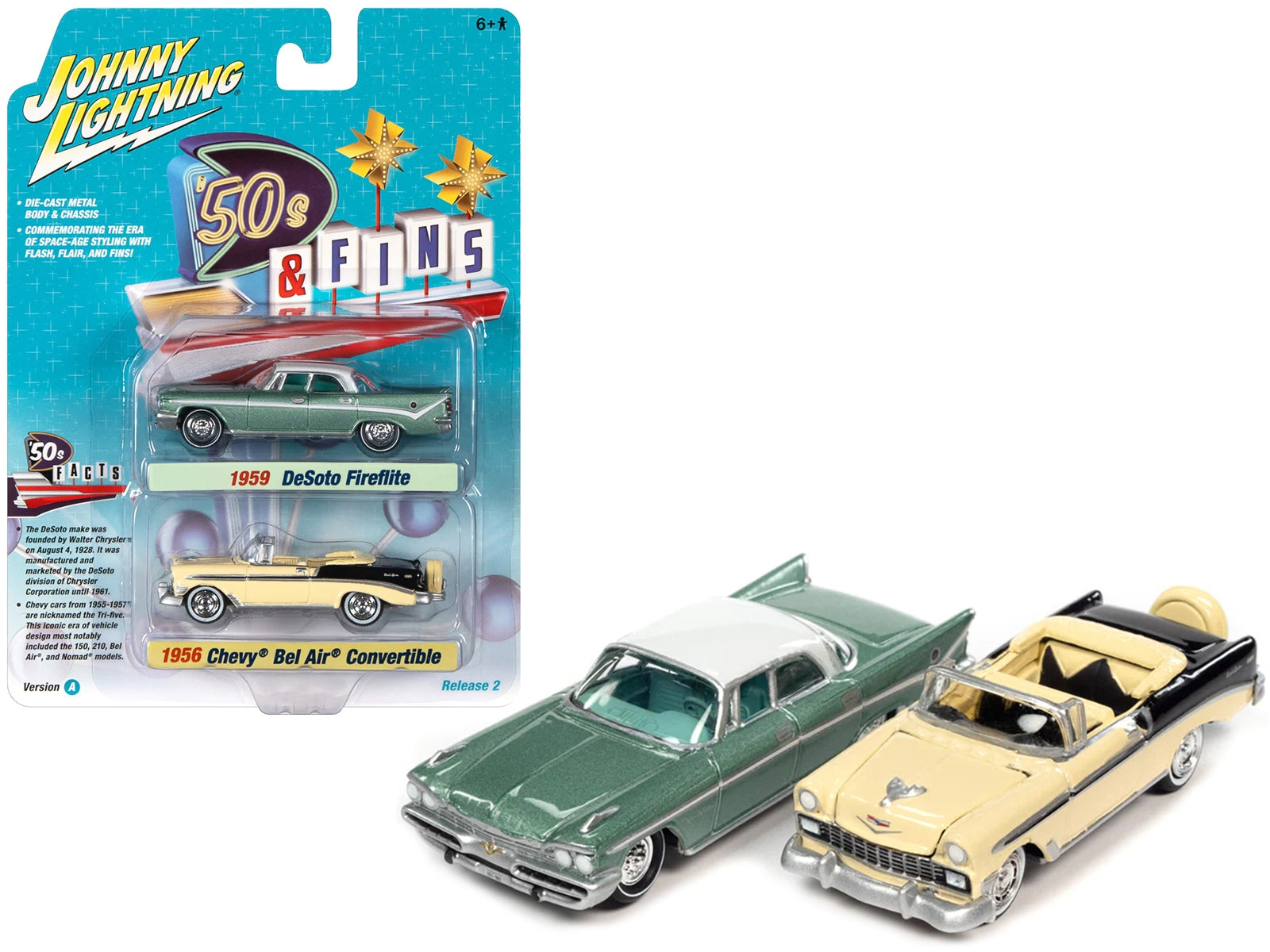 1959 Desoto Fireflite Surf Green Metallic with White Top and 1956 Chevrolet Bel Air Convertible Crocus Yellow and Black "'50s & Fins" Series Set of 2 Cars 1/64 Diecast Model Cars by Johnny Lightning Johnny Lightning