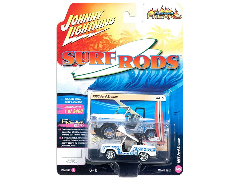 1966 Ford Bronco with Surf Board White and Blue Designs "Street Freaks" Limited Edition to 3460 pieces Worldwide 1/64 Diecast Model Car by Johnny Lightning Johnny Lightning