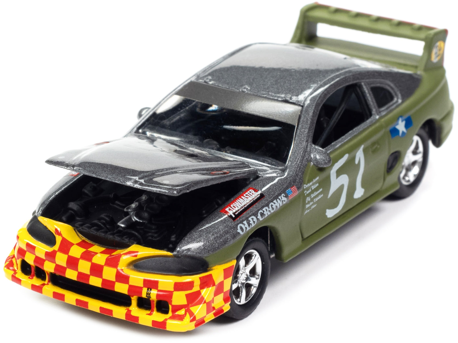 1990s Ford Mustang Race Car #51 Military Green and Dark Silver Metallic "Old Crows" "24 Hours of Lemons" Limited Edition to 4740 pieces Worldwide "Street Freaks" Series 1/64 Diecast Model Car by Johnny Lightning Johnny Lightning