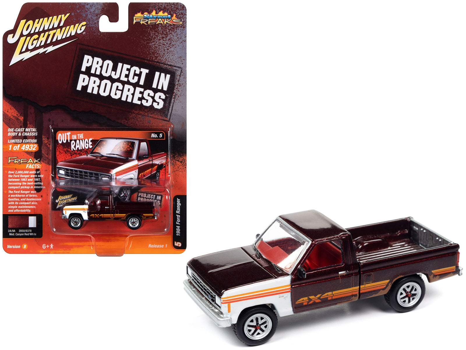 1984 Ford Ranger 4x4 Pickup Truck Medium Canyon Red Metallic with Mismatched Panels "Project in Progress" Limited Edition to 4932 pieces Worldwide "Street Freaks" Series 1/64 Diecast Model Car by Johnny Lightning Johnny Lightning