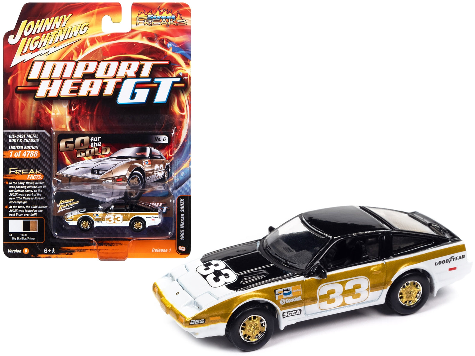 1985 Nissan 300ZX #33 Black White and Gold "Go for the Gold" "Import Heat GT" Limited Edition to 4788 pieces Worldwide "Street Freaks" Series 1/64 Diecast Model Car by Johnny Lightning Johnny Lightning