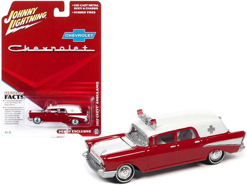 1957 Chevrolet Ambulance Kosmos Red and White with White Interior 1/64 Diecast Model Car by Johnny Lightning Johnny Lightning