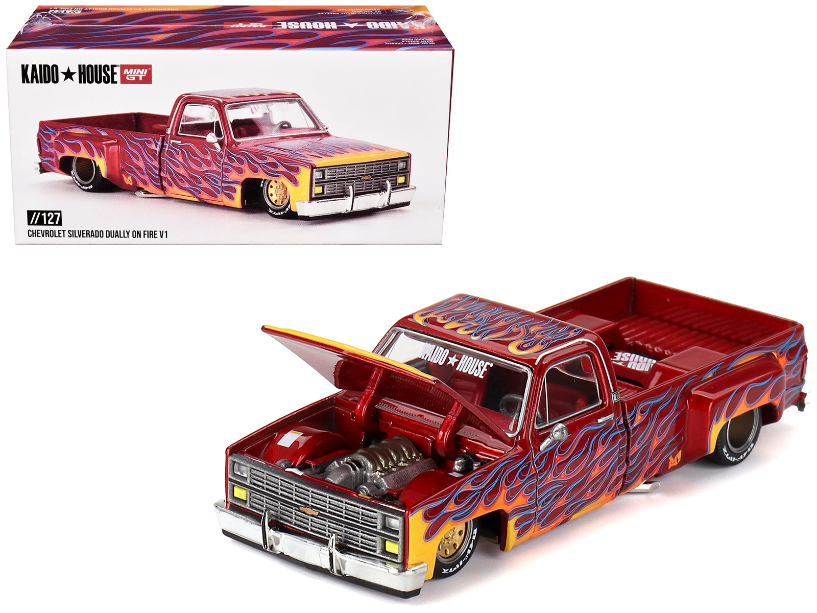 Chevrolet Silverado Dually Pickup Truck "On Fire V1" Red Metallic with Flames and Red Interior (Designed by Jun Imai) "Kaido House" Special 1/64 Diecast Model Car by Mini GT Mini GT