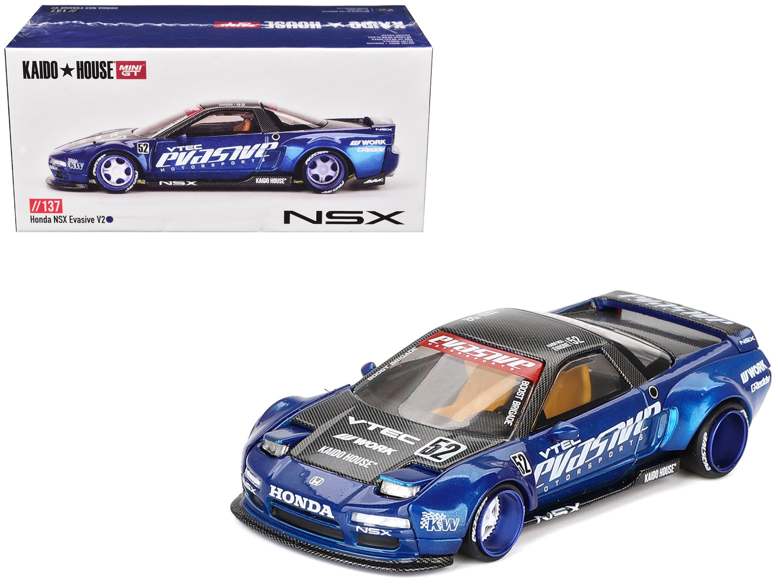 Honda NSX "Evasive V2" #52 Blue Metallic with Carbon Top (Designed by Jun Imai) "Kaido House" Special 1/64 Diecast Model Car by Mini GT Mini GT