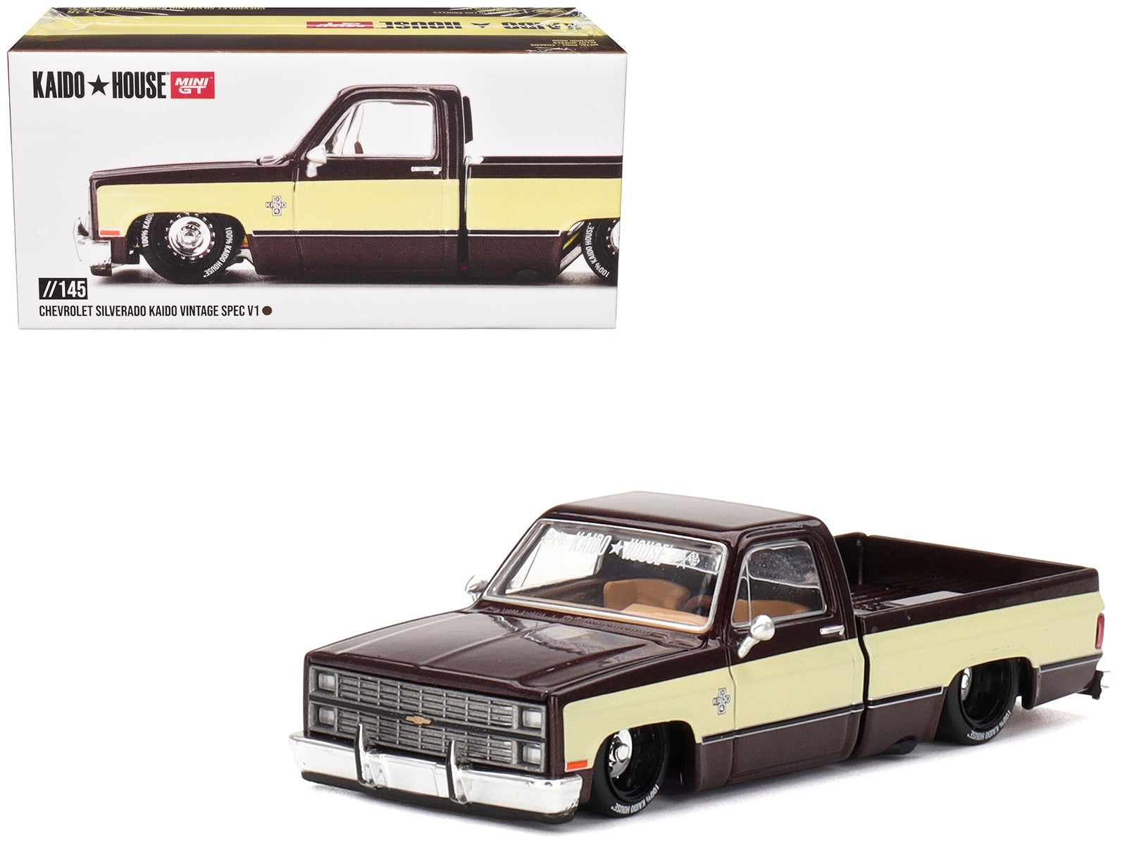 Chevrolet Silverado Pickup Truck "KAIDO Vintage Spec V1" Brown with Cream Sides (Designed by Jun Imai) "Kaido House" Special 1/64 Diecast Model Car by Mini GT Mini GT