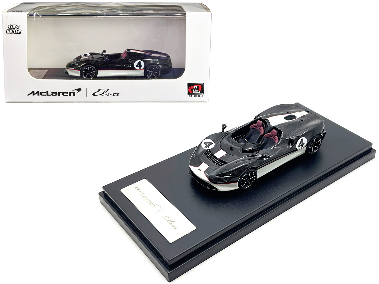 McLaren Elva Convertible #4 Carbon Black with White and Red Stripes 1/64 Diecast Model Car by LCD Models LCD Models