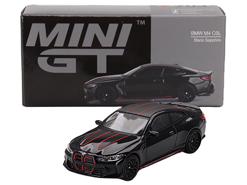 BMW M4 CSL Black Sapphire with Carbon Top and Red Stripes Limited Edition to 2760 pieces Worldwide 1/64 Diecast Model Car by Mini GT Mini GT