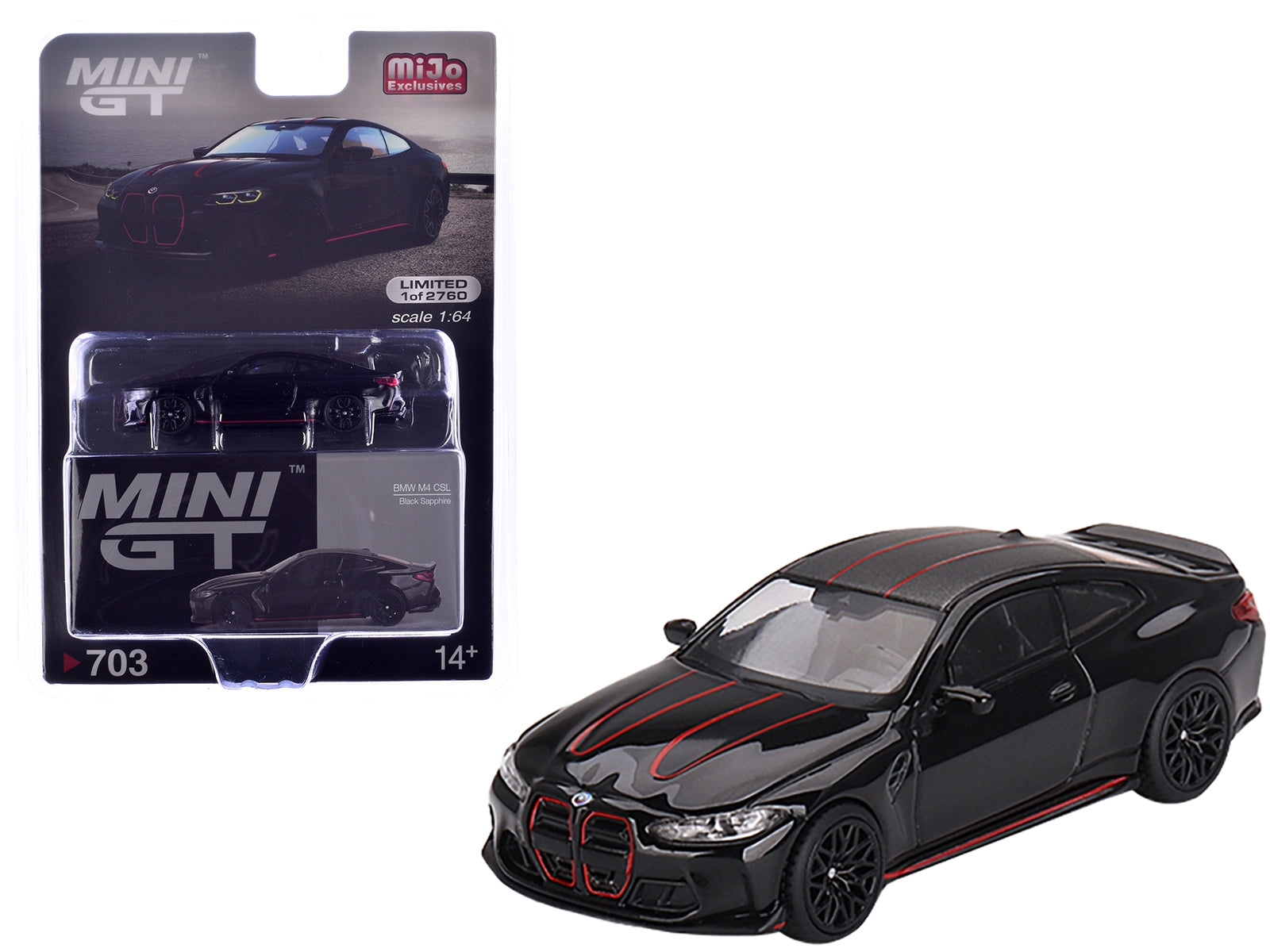 BMW M4 CSL Black Sapphire with Carbon Top and Red Stripes Limited Edition to 2760 pieces Worldwide 1/64 Diecast Model Car by Mini GT Mini GT