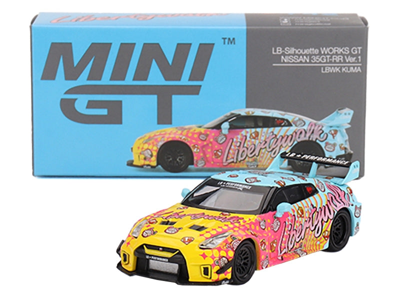 Nissan 35GT-RR Ver.1 "LB-Silhouette Works GT" Light Blue and Yellow with Graphics "LBWK KUMA" Limited Edition 1/64 Diecast Model Car by Mini GT Mini GT