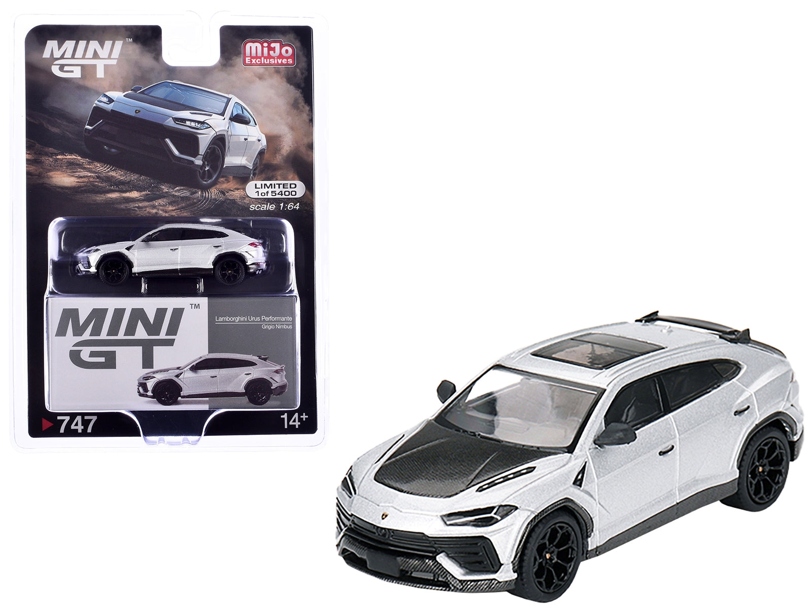 Lamborghini Urus Performante Grigio Nimbus Gray Metallic with Carbon Hood Limited Edition to 5400 pieces Worldwide 1/64 Diecast Model Car by Mini GT Mini GT