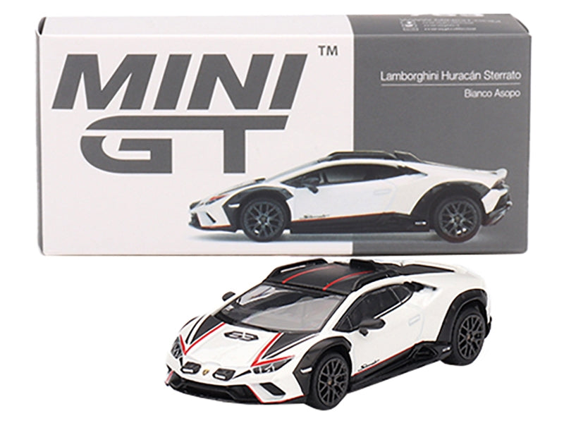 Lamborghini Huracan Sterrato Bianco Asopo White Metallic with Red Stripes and Matt Black Top Limited Edition to 7680 pieces Worldwide 1/64 Diecast Model Car by Mini GT Mini GT