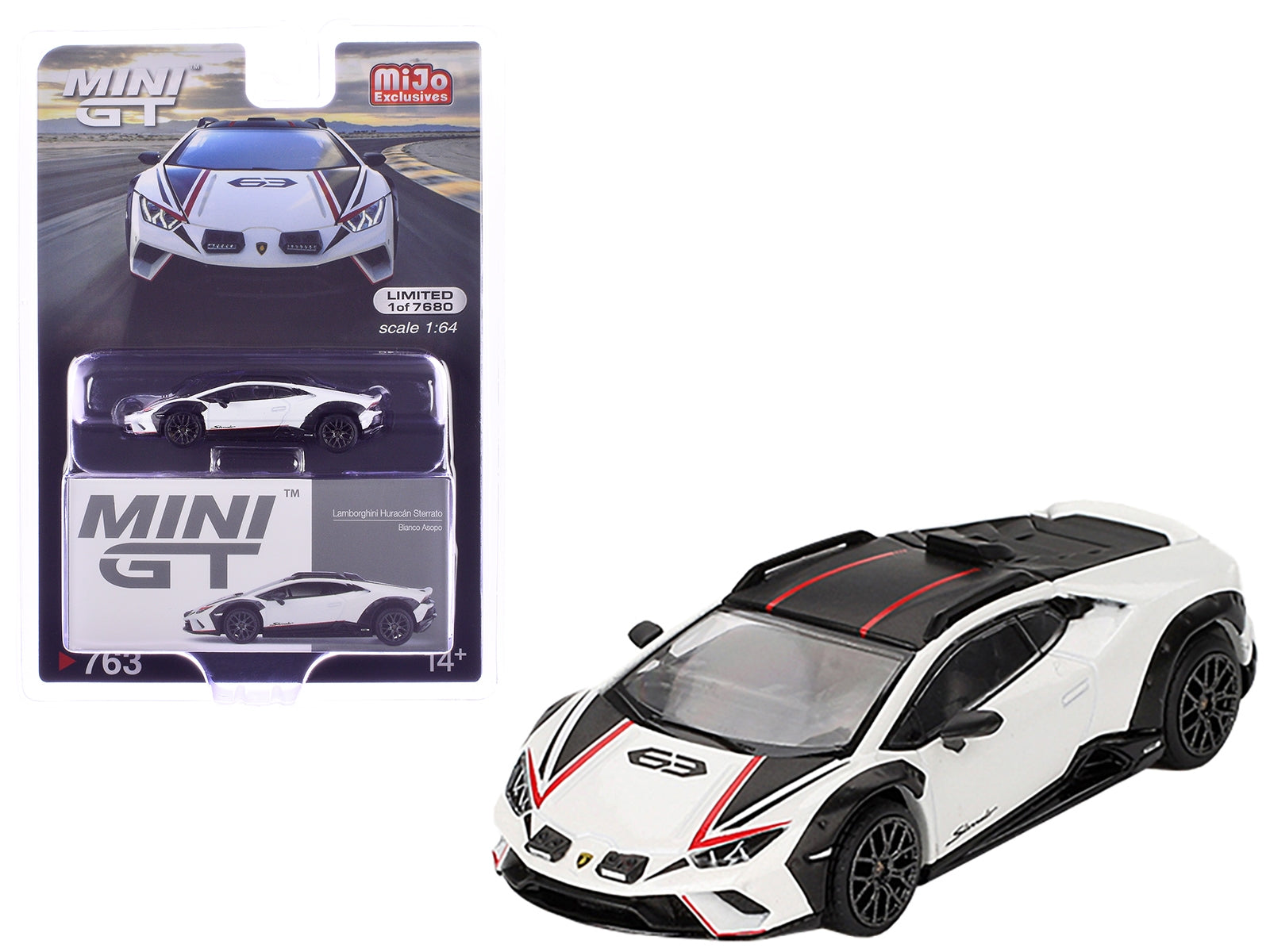 Lamborghini Huracan Sterrato Bianco Asopo White Metallic with Red Stripes and Matt Black Top Limited Edition to 7680 pieces Worldwide 1/64 Diecast Model Car by Mini GT Mini GT