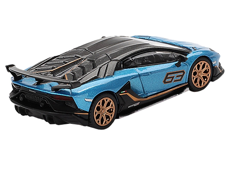 Lamborghini Aventador SVJ 63 Blu Aegir Blue Metallic with Carbon Top Limited Edition 1/64 Diecast Model Car by Mini GT Mini GT