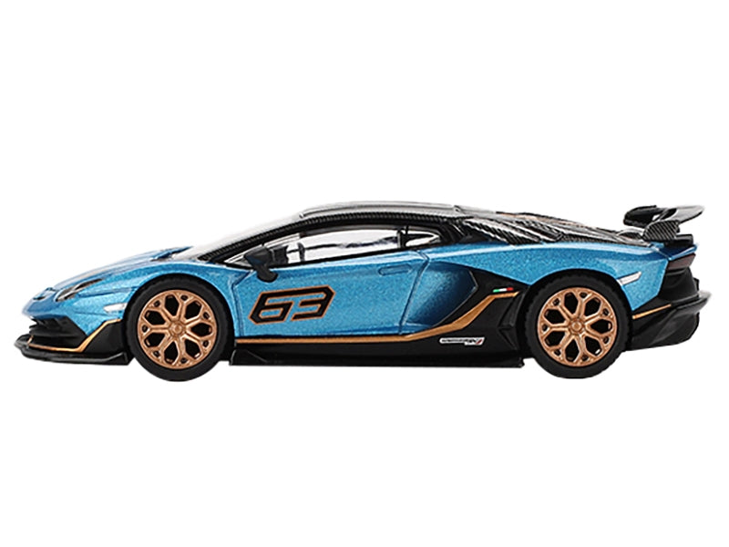 Lamborghini Aventador SVJ 63 Blu Aegir Blue Metallic with Carbon Top Limited Edition 1/64 Diecast Model Car by Mini GT Mini GT