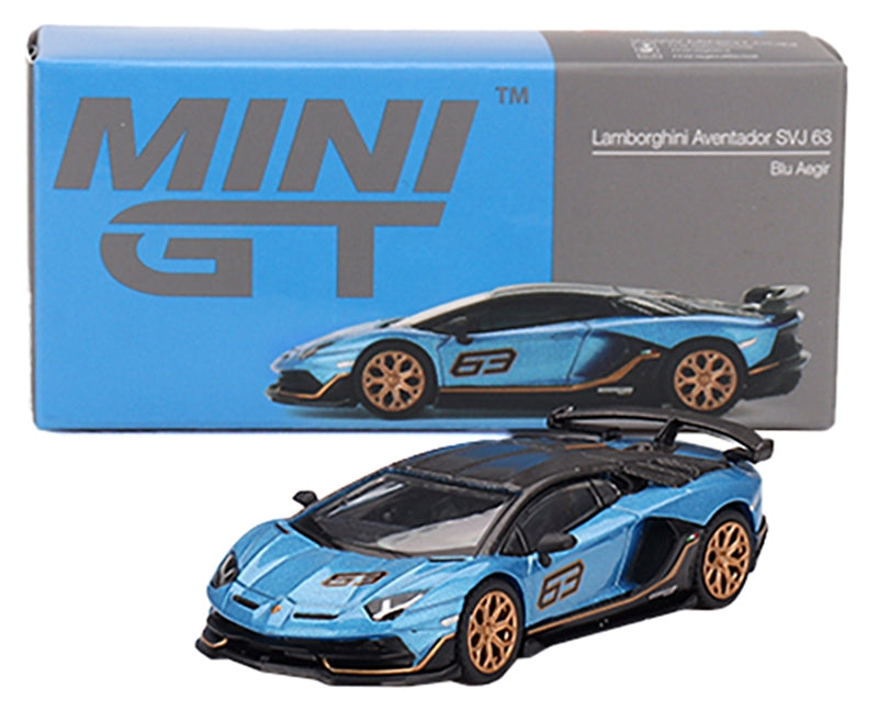 Lamborghini Aventador SVJ 63 Blu Aegir Blue Metallic with Carbon Top Limited Edition 1/64 Diecast Model Car by Mini GT Mini GT