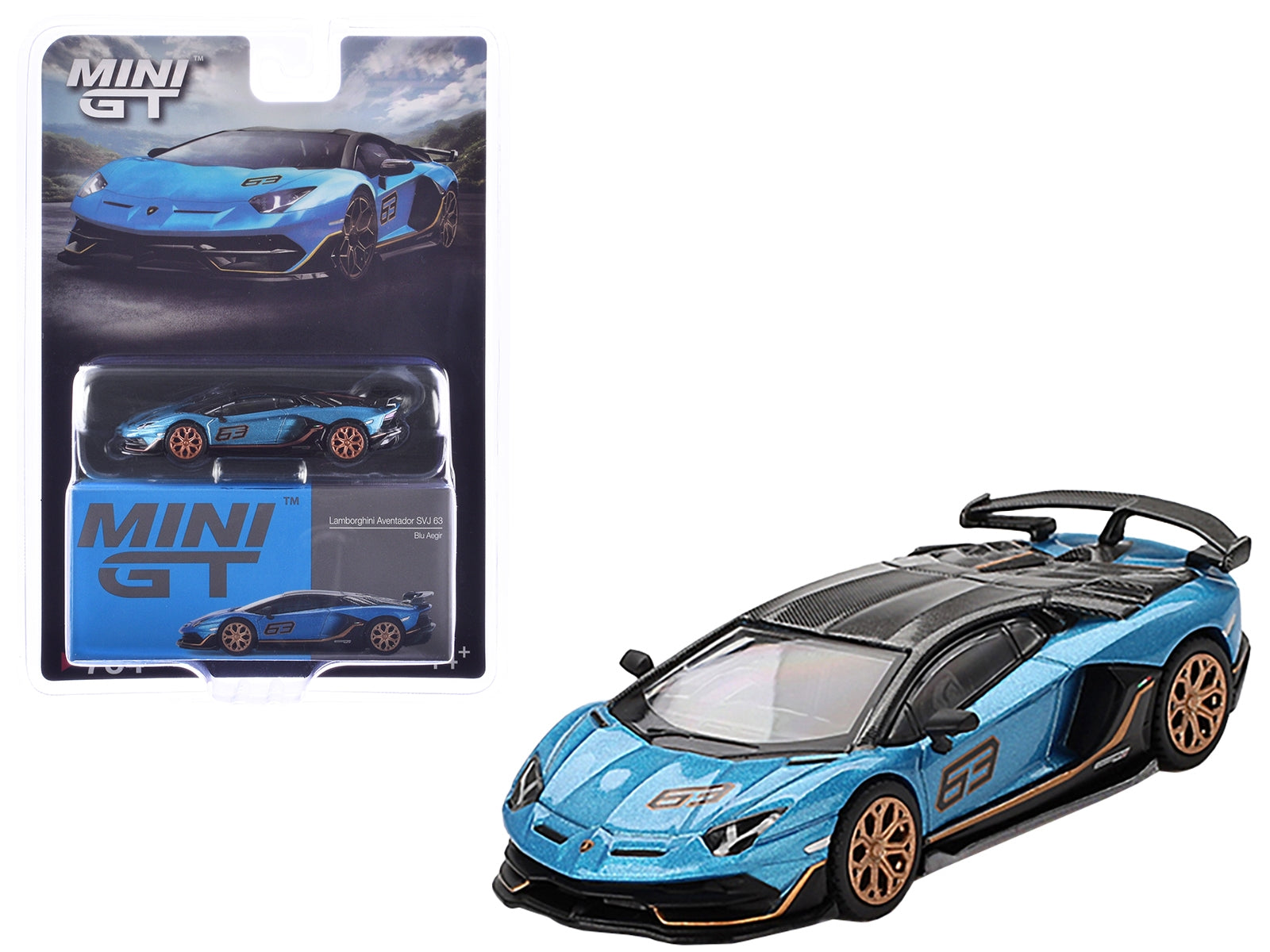 Lamborghini Aventador SVJ 63 Blu Aegir Blue Metallic with Carbon Top Limited Edition 1/64 Diecast Model Car by Mini GT Mini GT