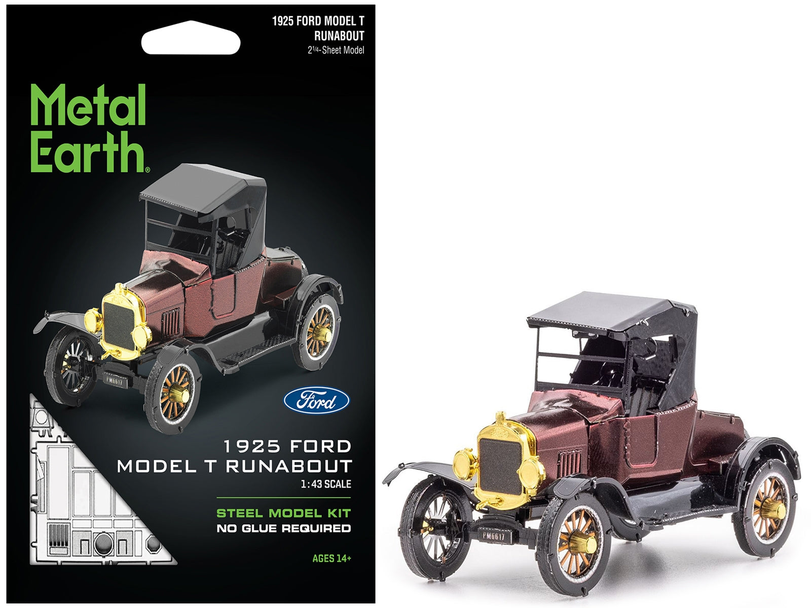 Model Kit 1925 Ford Model T Runabout Dark Red and Black (Moderate Difficulty) Steel Model by Metal Earth Metal Earth