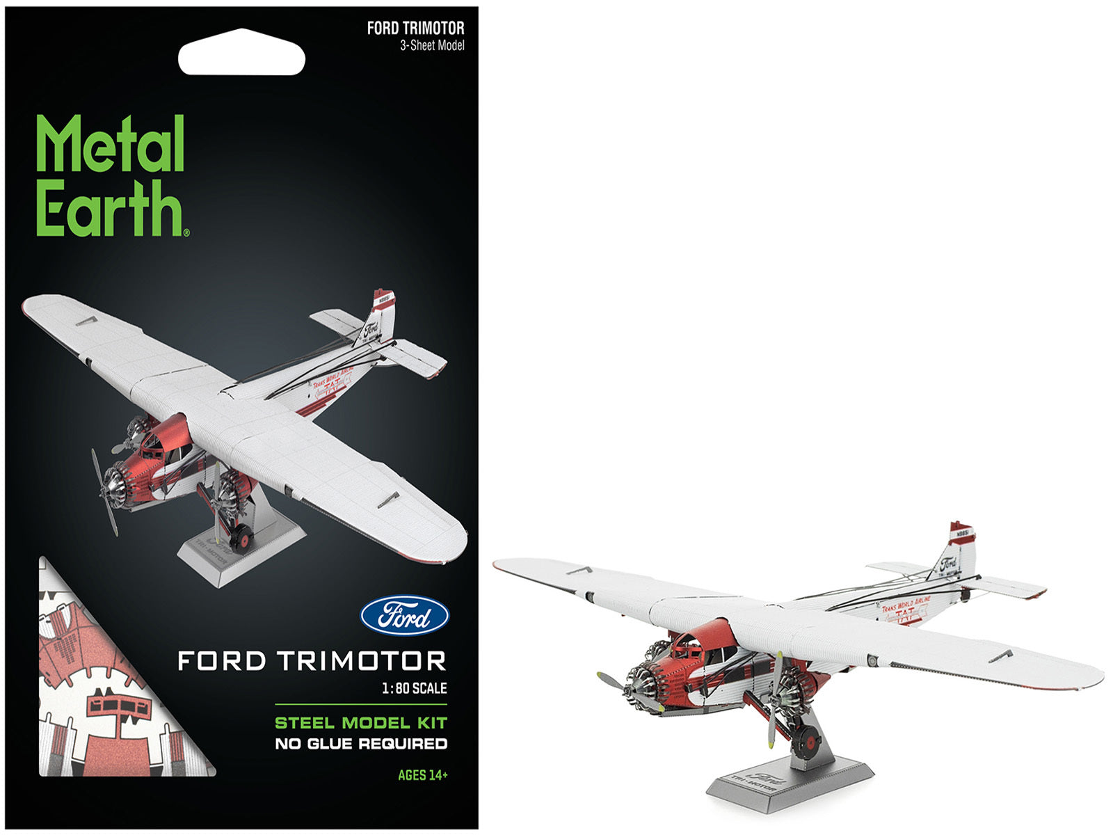 Model Kit Ford Trimotor Transport Aircraft White and Red (Moderate Difficulty) Steel Model by Metal Earth Metal Earth